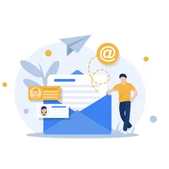 Mann som lener seg på en stor konvolutt. Ut fra konvolutten flyr det ut et papirfly, symbol for e-post og kontaktinformasjon. Illustrasjon.