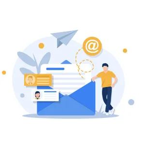 Mann som lener seg på en stor konvolutt. Ut fra konvolutten flyr det ut et papirfly, symbol for e-post og kontaktinformasjon. Illustrasjon.